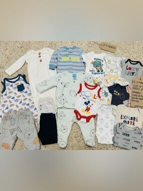 HUGE 25pc Baby Boy Bundle 0-3M - Disney, Gerber, Chick Pea, Carters!